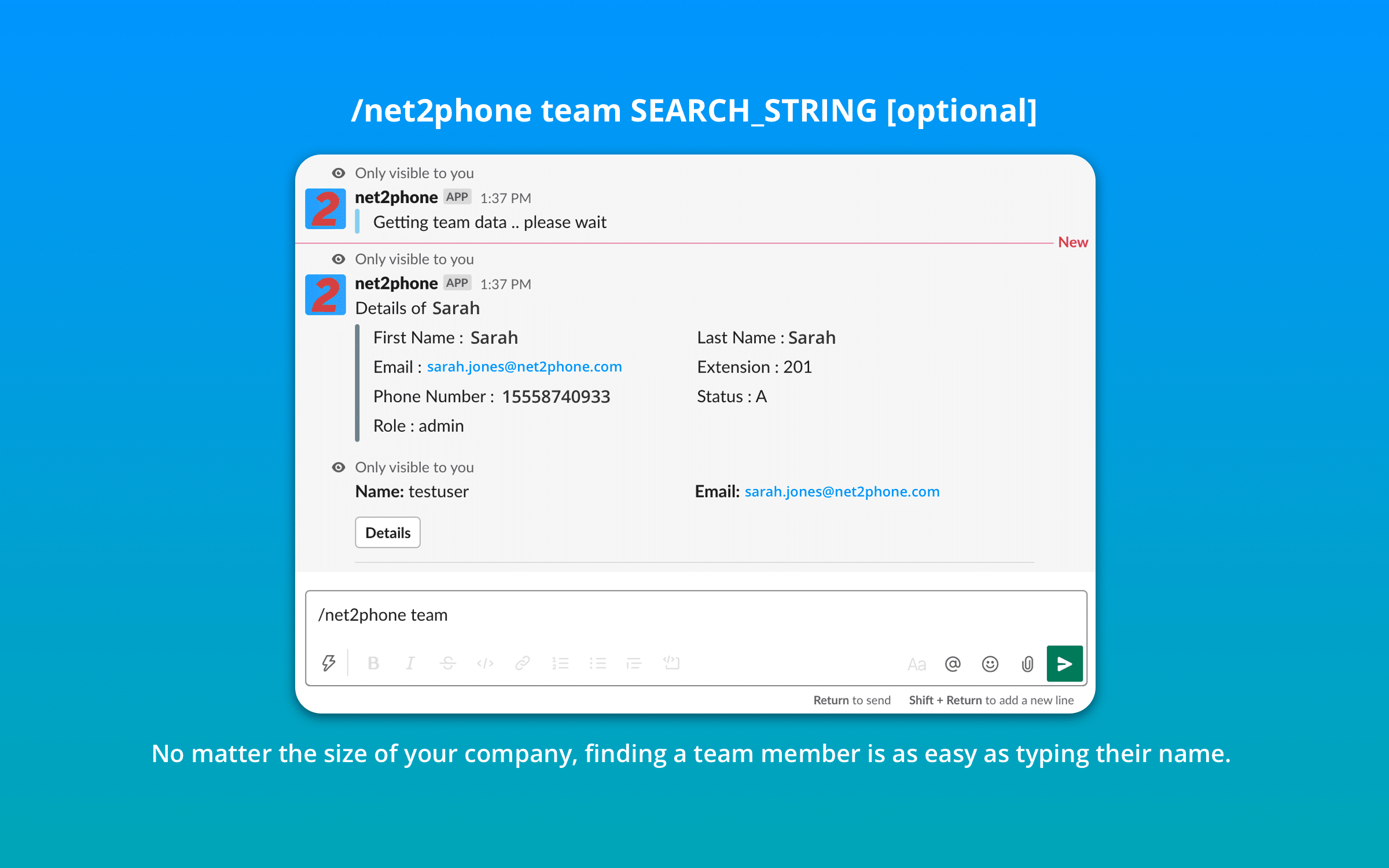 net2phone team search on slack